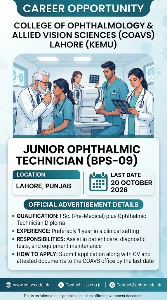 Advertisement: COAVS Lahore Junior Ophthalmic Technician Jobs 2026